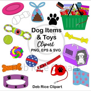 May include: A collection of dog-themed clipart featuring a green shopping basket filled with supplies, a purple pet carrier with a puppy, a red leash, a collar, various colorful rope toys, balls, a bone, a waste bag, and paw print patterns.