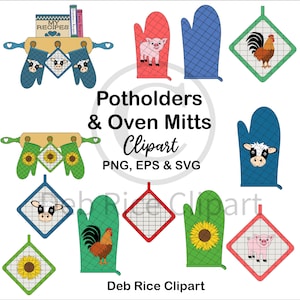 May include: A collection of digital illustrations featuring various potholders and oven mitts with farm animal and sunflower motifs, including rolling pin racks, with text reading Potholders & Oven Mitts Clipart PNG, EPS & SVG and Deb Rice Clipart.