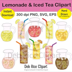 Lemonades & Iced Tea Clipart - Summer Drinks, Pitchers, Glasses, PNG, SVG, EPS, Instant Digital Download
