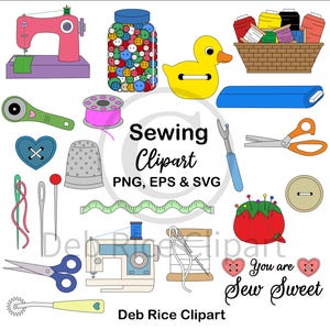 May include: A collection of sewing-themed digital illustrations including a pink sewing machine, a jar of colorful buttons, a yellow rubber duck, a basket of thread spools, scissors, needles, a thimble, a pincushion, and the text Sewing Clipart.
