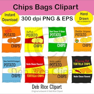 Chips Bags Clipart - ruffled potato chips, bbq chips, kettle cooked chips, nacho tortilla chips, sour cream and onion, PNG, vector EPS