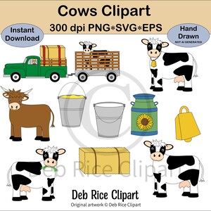 Mucche Clipart - mucca che indossa un campanaccio, toro, balla di fieno, mucca nel rimorchio, bidone del latte, campanaccio, mucca che mangia erba, secchio del mangime, PNG, vettore SVG ed EPS