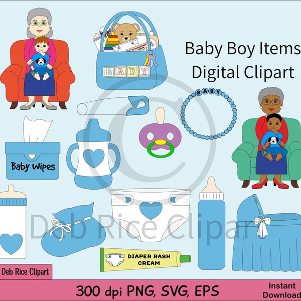 Baby Boy Items Digital Clipart - diaper, sippy cup, diaper rash cream, bottles, diaper pin, bootie, bassinet, vector clipart, PNG, SVG, EPS