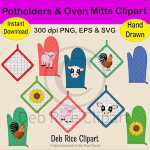 Potholders & Oven Mitts Clipart - Kitchen, Cow, Pig, Rooster, PNG, EPS, SVG, Instant Digital Download