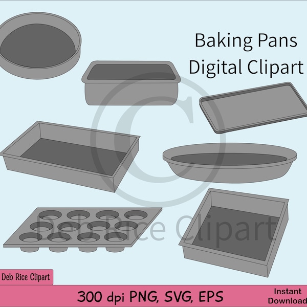 Baking Pans Digital Clipart - square baking pan, 9x13 baking pan, cupcake pan, pie pan, cake pan, loaf pan, vector clipart, PNG, SVG, EPS