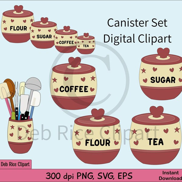 Canister Set Digital Clipart - coffee canister, flour canister, tea canister, sugar canister, utensil holder, vector clipart, PNG, SVG, EPS