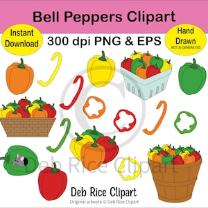 Bell Peppers Clipart - 4 colors whole bell peppers, bell peppers baskets, bell pepper slices, bell pepper side cuts, PNG, vector EPS
