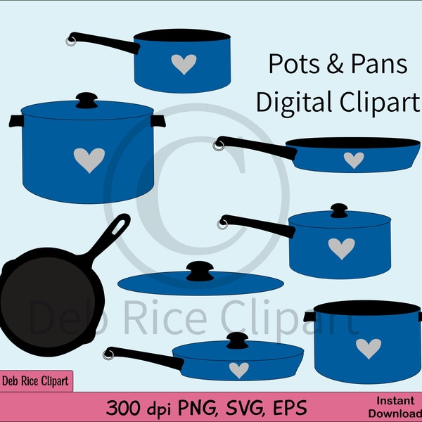 Pots & Pans Digital Clipart - saucepan, cast iron skillet, skillet, cookware, cook pot, vector clipart, PNG, SVG, EPS
