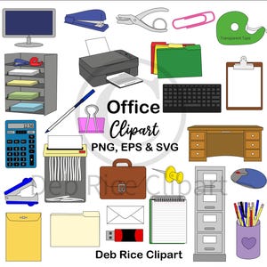Clipart z artykułami biurowymi – niszczarka do papieru, drukarka, szafka na dokumenty, pendrive, biurko, dziurkacz, PNG, EPS, SVG
