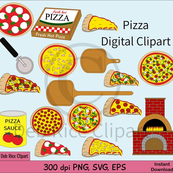 Pizza Digital Clipart - Neapolitan pizza, pizza peels, veggie lovers pizza, pizza oven, pepperoni pizza, vector clipart, PNG, SVG, EPS