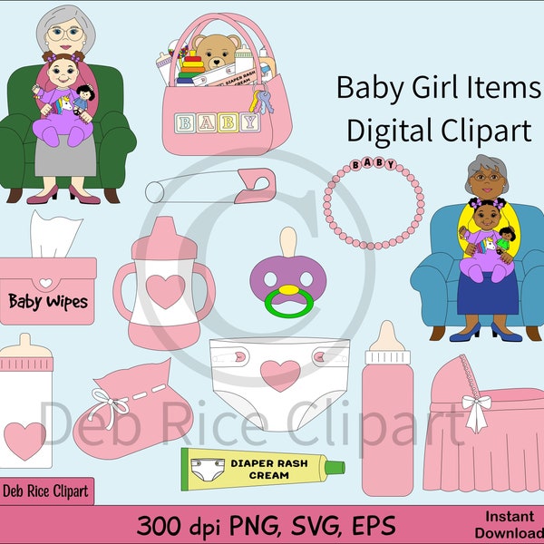 Baby Girl Items Digital Clipart - diaper, sippy cup, diaper rash cream, bottles, diaper pin, bootie, bassinet, vector clipart, PNG, SVG, EPS