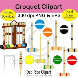 Croquet Clipart Set: Mallets, Balls, Wicket, PNG, vector EPS, digital download