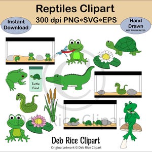 Répteis Clipart - tartaruga, cobra, aquários, comida de tartaruga, sapo com libélula, sapo em cogumelo, jacaré, nenúfares, PNG, vetor SVG e EPS