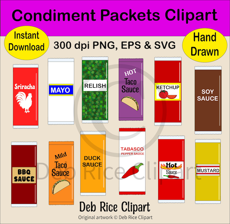 Condiment Packets Clipart - Seasonings, Sauces, Ketchup, Relish, PNG ...