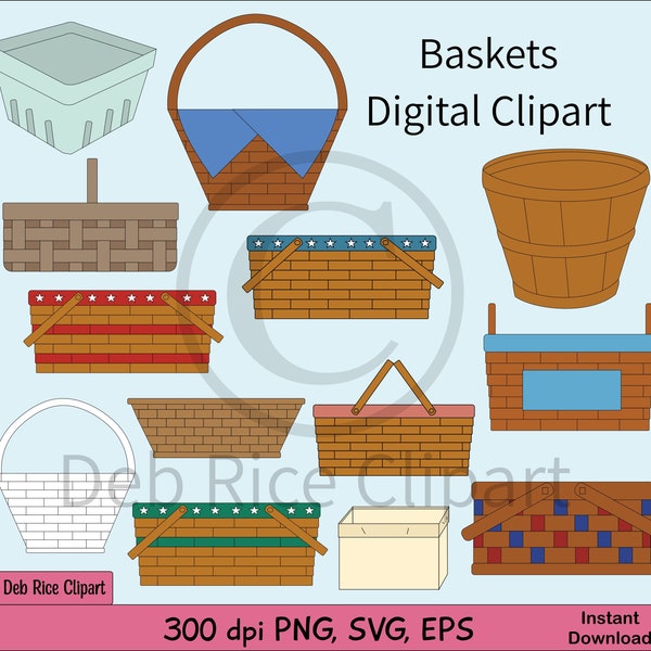 Baskets Digital Clipart - baskets to decorate, bushel basket, quart produce boxes, baskets vector clipart, PNG, SVG, EPS