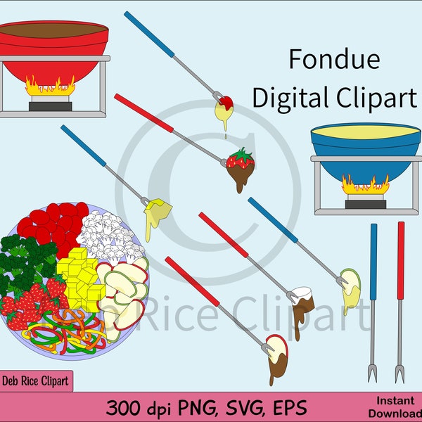 Fondue Digital Clipart - chocolate fondue pot, cheese fondue pot, fondue forks, fruit & veggie tray, vector clipart, PNG, SVG, EPS