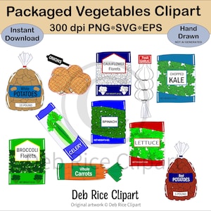 Imágenes prediseñadas de verduras envasadas: cebollas envasadas, papas envasadas, zanahorias envasadas, espinacas envasadas, brócoli envasadas, PNG, vectores SVG y EPS