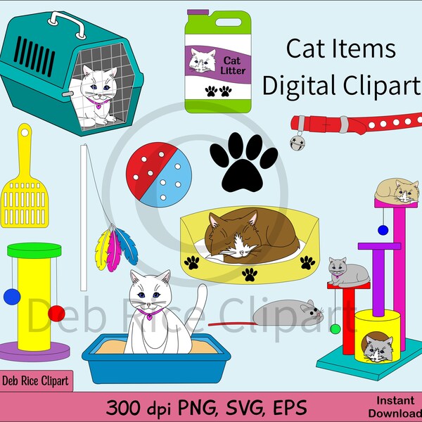 Cat Items Digital Clipart - feather cat toy, mouse cat toy, cat scratch post, cat in litter box, cat bed, vector clipart, PNG, SVG, EPS