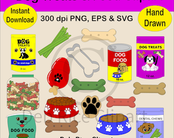 Clipart de golosinas y comida para perros: masticables dentales, enlatados, bolsas, PNG, EPS, SVG, descarga digital instantánea