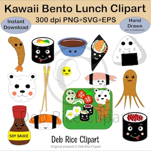 Clipart de almoço bento kawaii - rolinhos de sushi kawaii, onigir de arroz kawaii, lancheira bento kawaii, camarão tempurá kawaii, PNG, vetores SVG e EPS