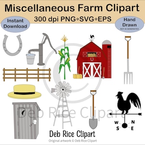 Verschiedenes Bauernhof Clipart - Wetterhahn, Windmühle, Plumpsklo, Maisranke, Heugabel, Wassermühle, Hufeisen, Scheune, PNG, Vektor SVG & EPS