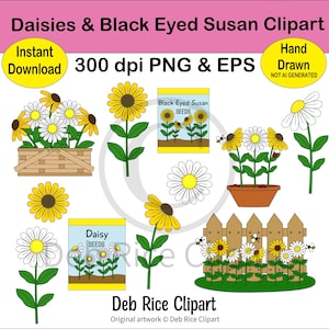Daisies and Black Eyed Susan Clipart - daisy/black eyed susan basket, daisy stemmed, black eye susan stemmed, PNG, vector EPS
