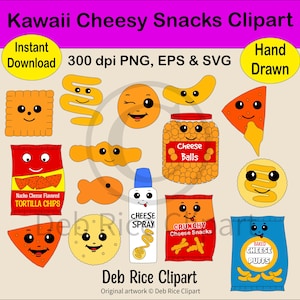 Kawaii Cheesy Snacks Clipart - Cheese Balls, Crackers, PNG, EPS, SVG, Instant Digital Download