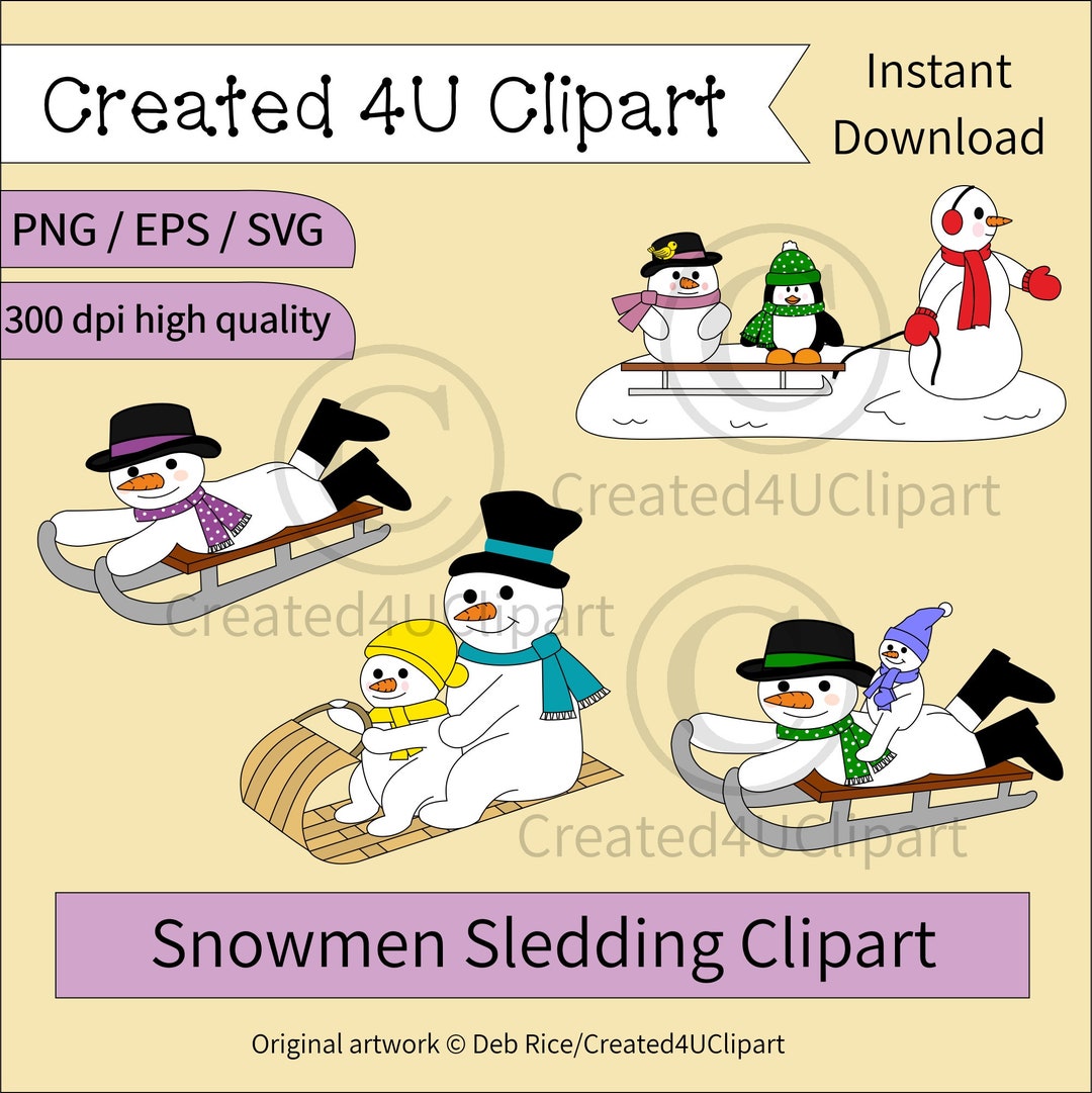 Snowmen Sledding Clipart Snowman With Baby Snowman Sledding Etsy