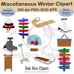 Verschiedene Winter Clipart - Pfosten, Schlittschuhe, Schneeball, Schneebälle im Korb, Schlitten, Schneekugel, PNG, Vektor SVG und EPS