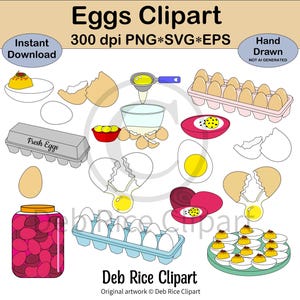Eggs Clipart - cracking open eggs, red beet eggs, deviled eggs, separating egg yolk, eggs in carton, PNG, vector SVG