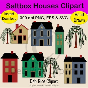 Saltbox Häuser Clipart - skurrile Häuser, Weidenbaum, PNG, EPS, SVG, Sofortiger digitaler Download