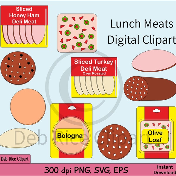 Lunch Meats Digital Clipart - olive loaf, salami, bologna package, sweet bologna, sliced honey ham pkg, vector clipart, PNG, SVG, EPS