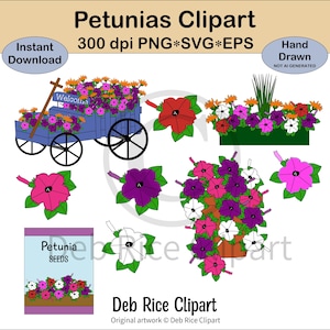 Clipart petunia - petunia in wagen, petuniahoofden, petuniazaadpakket, petunia in bloembak, png, vector, SVG en EPS