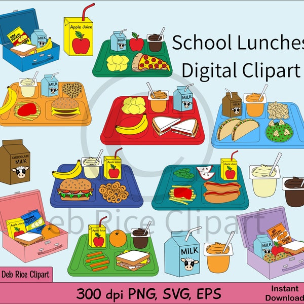 Schulessen digitale Clipart - Lunchboxen, Schulessen-Tabletts, Apfelsaftbox, Milchboxen, Puddingbecher, Vektor-Cliparts, PNG, SVG, EPS