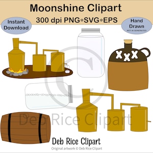 Moonshine Clipart - working moonshine still, moonshine jar, shaken moonshine jar, moonshine barrel, moonshine jug, PNG, vector SVG & EPS