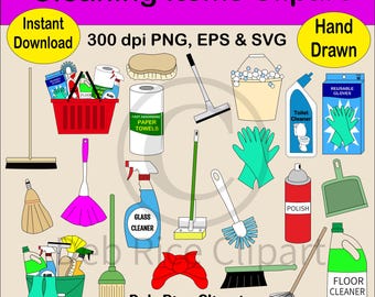Cleaning Supplies Clipart - Brooms, Mops, Buckets, PNG, EPS, SVG, Instant Digital Download