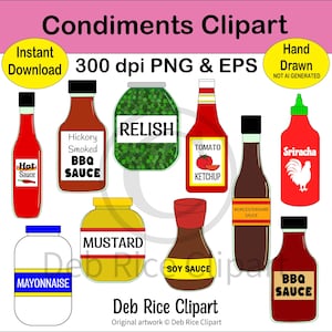 Condiments Clipart: BBQ, Ketchup, Mustard, Sriracha, PNG, vector EPS, digital download
