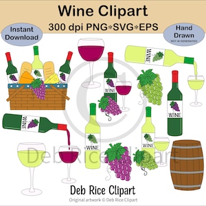 Clipart vino - bottiglia di vino rosso, bottiglia di vino bianco, cesto di vino, botte di vino, uva, bicchiere di vino rosso, bicchiere di vino bianco, PNG, vettore SVG e EPS