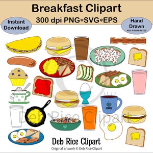 Frühstück Clipart - Eier Muffins, Getrocknete Rindersoße, Toast, Omelett, Rührei, Würstchen Link, Bacon Scheibe, OJ, Milch, PNG, Vektor SVG & EPS