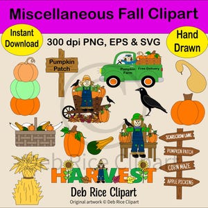 Misc. Fall Clipart - Pumpkins, Scarecrows, Crow, Trail Post, PNG, EPS, SVG, Instant Digital Download