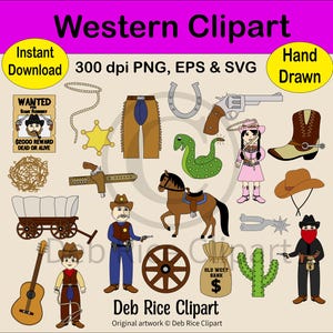 Western Clipart - Cowboy, Cowgirl, Lasso, Boot, tumbleweed, PNG, EPS, SVG, Instant Digital Download