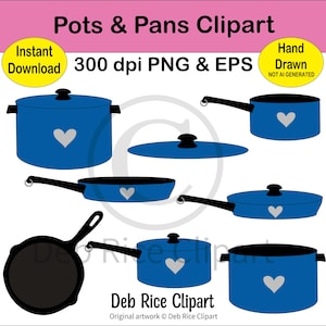 Pots and Pans Clipart - saucepan, cast iron skillet, skillet, cookware, cook pot, lid, PNG, vector EPS