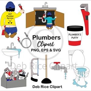 May include: A collection of plumbing-themed digital illustrations including a plumber in a yellow shirt, a sink cabinet, a red pipe wrench, a container of plumber's putty, a leaking sink, a toilet, a toolbox, a hacksaw, and a black plunger.
