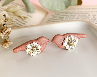 Mini stud clay earrings, Rose gold bird earrings, Stud earrings with flowers, Nature inspired jewelry gift for sister, Unique clay jewelry