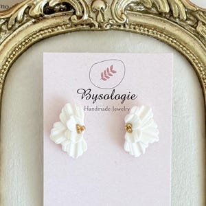 Elegant Porcelain Petal Earrings: Gold-Beaded Floral Studs for Boho Brides and Bridesmaids, Half flower stud earrings in polymer clay.