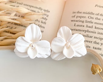 Bridal Orchid Earrings: Handmade Polymer Clay Floral Jewelry, Freshwater Pearls
