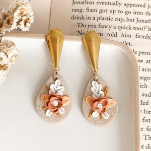 Fall floral clay earrings, Peach polymer clay earrings, Handmade artsy earrings, Autumn collection jewelry for her image 1