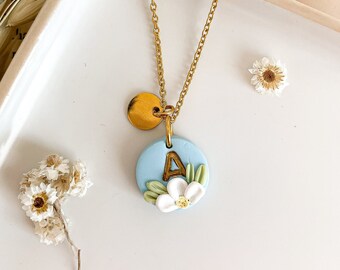 Custom flower necklace, Clay letter necklace, Blue round initial necklace, Personalized gift for wife, Family necklace