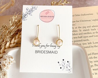 Pearl Drop Earrings for Bridesmaids, Gold Plated Jewelry Gift for Maid of Honor with Pearls, Custom bridesmaid jewelry set for bridal shower