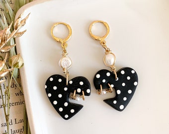 Romantic heart earrings with pearls, Large heart earrings, Clay hoop earrings, Handmade lightweight earrings, Dainty Jewellery Gift